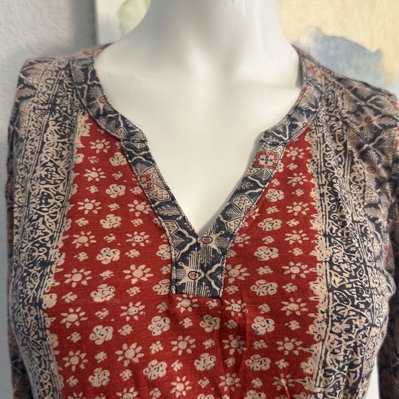 Lucky Brand Peasant Top Boho Mixed Print Border Blouse Lightweight - Picture 6 of 11